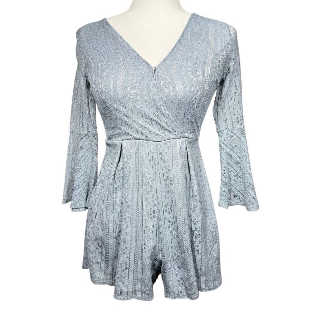NWT Air Space Sky Blue Lace Romper Shorts Long Bell Sleeve Size Small Summer